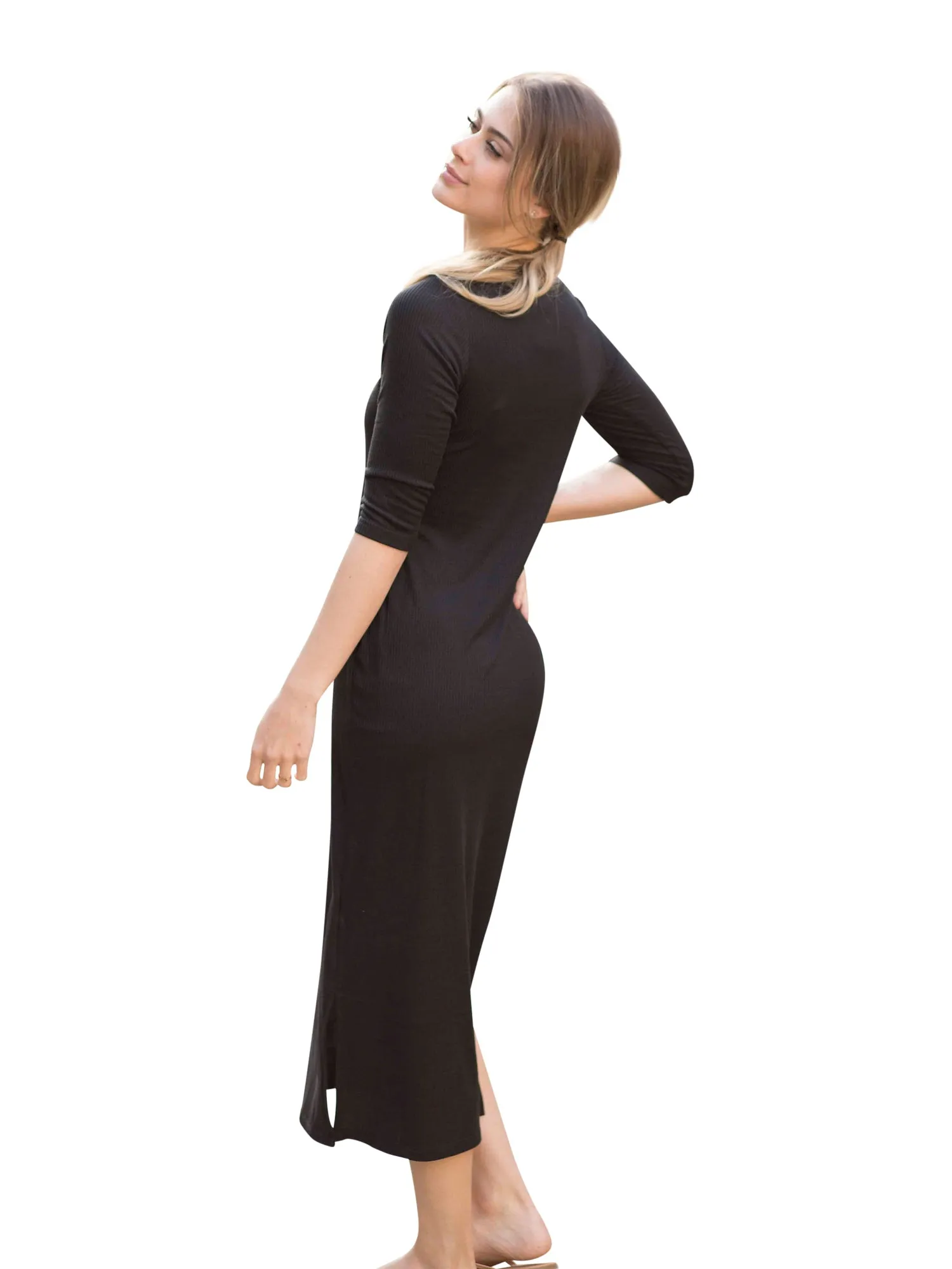 AdinaLV V-Neck Ribbed Midi Dress