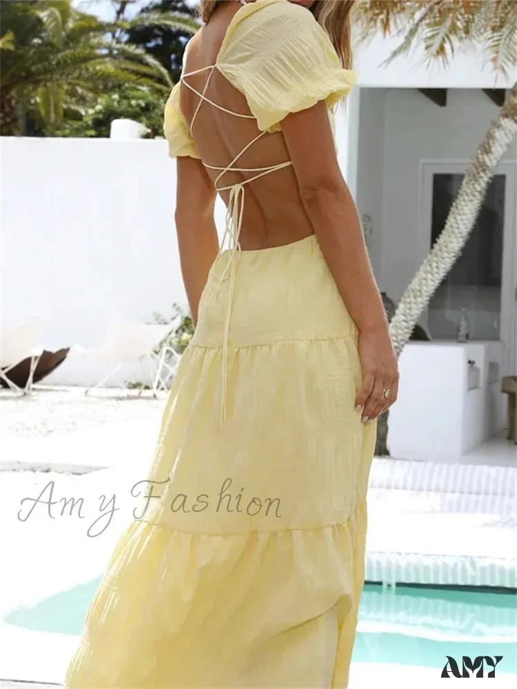 Amy Fashion - Women Short Puff Sleeve Summer  Solid Criss-Cross Tie-Up Backless Holiday Beach Female Vestidos