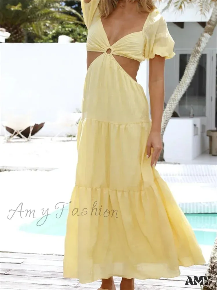Amy Fashion - Women Short Puff Sleeve Summer  Solid Criss-Cross Tie-Up Backless Holiday Beach Female Vestidos