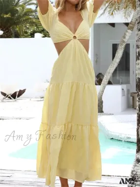 Amy Fashion - Women Short Puff Sleeve Summer  Solid Criss-Cross Tie-Up Backless Holiday Beach Female Vestidos