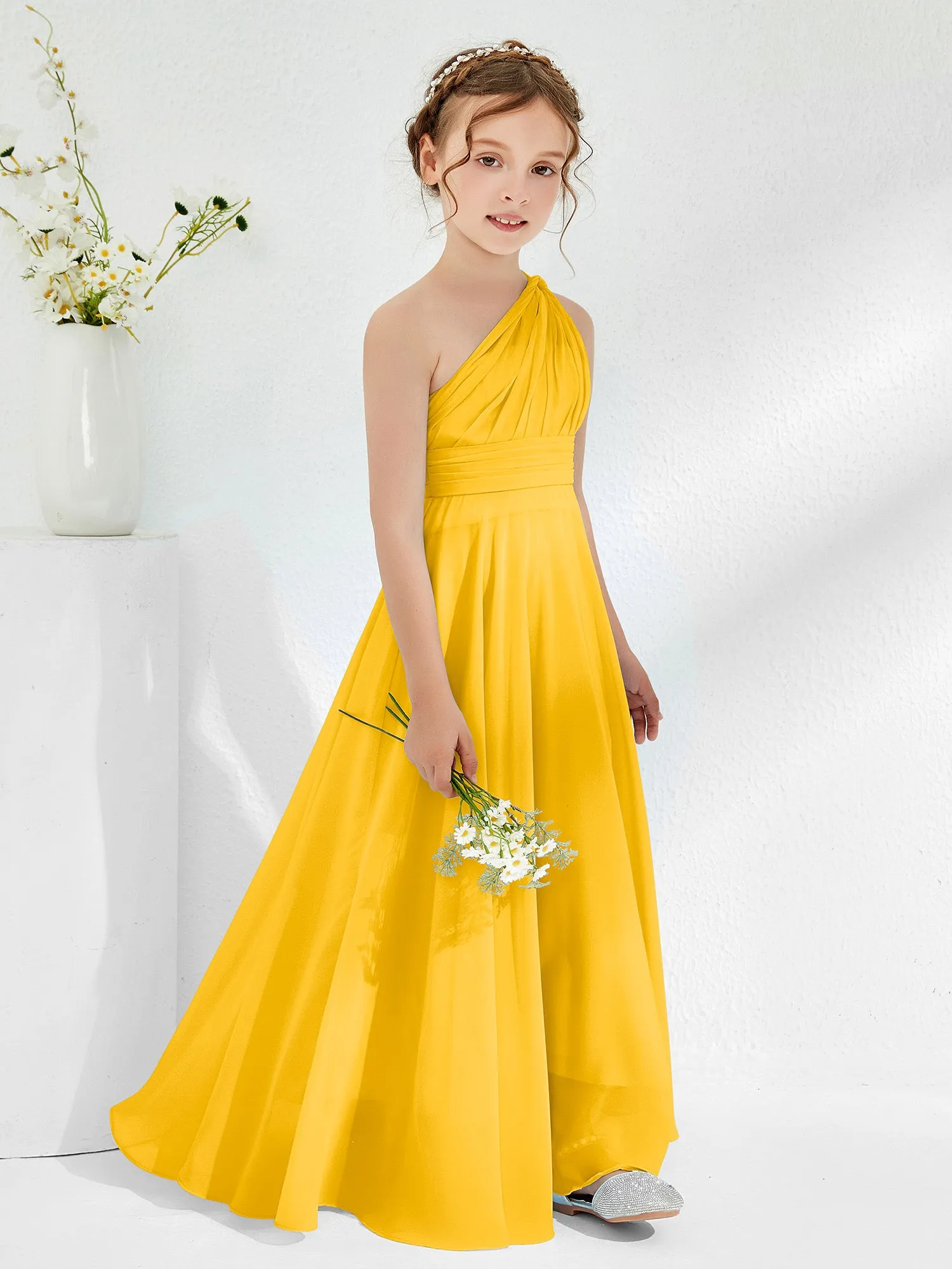 Cute One Shoulder  A-line Junior Bridesmaid Dresses Marigold