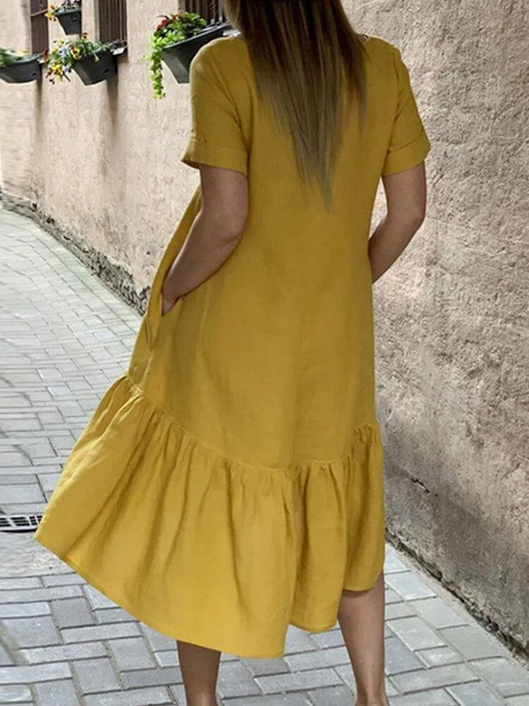 deanwangkt Cotton Women Solid Color Ruffles Round Neck Short Sleeve Casual Dresses