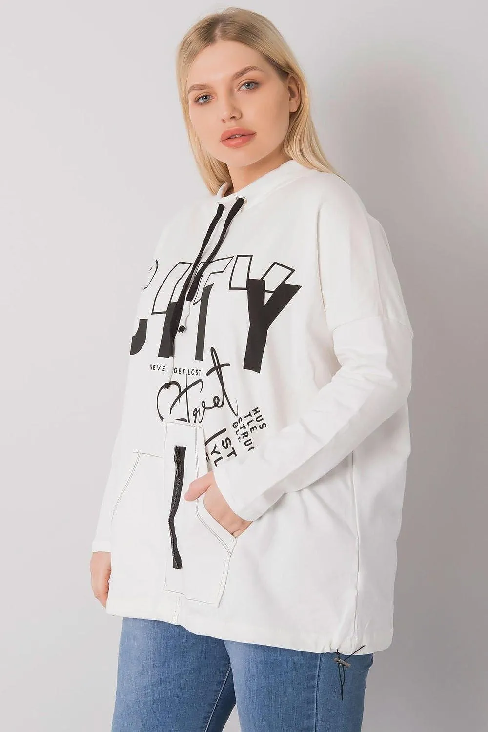Ecru Plus Size Relaxed Fit Sweatshirt with Convenient Pockets