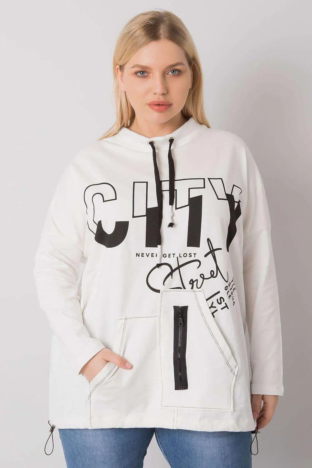 Ecru Plus Size Relaxed Fit Sweatshirt with Convenient Pockets