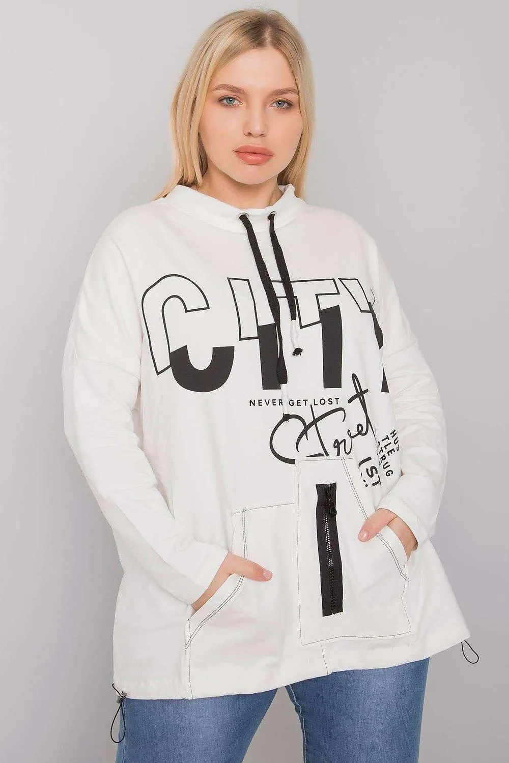 Ecru Plus Size Relaxed Fit Sweatshirt with Convenient Pockets