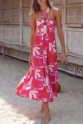 Floral Printed Halterneck Backless A-Line Dress