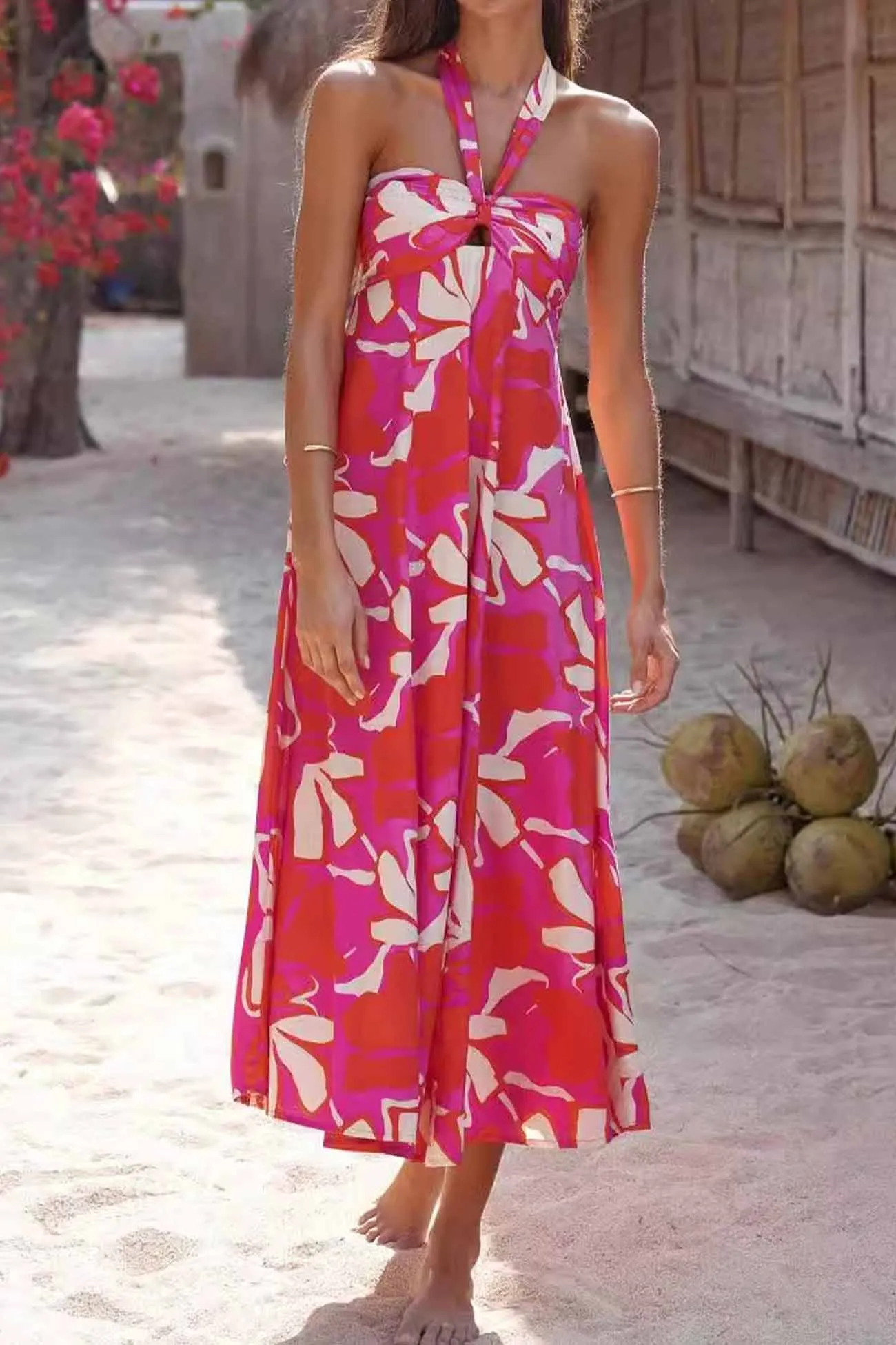 Floral Printed Halterneck Backless A-Line Dress