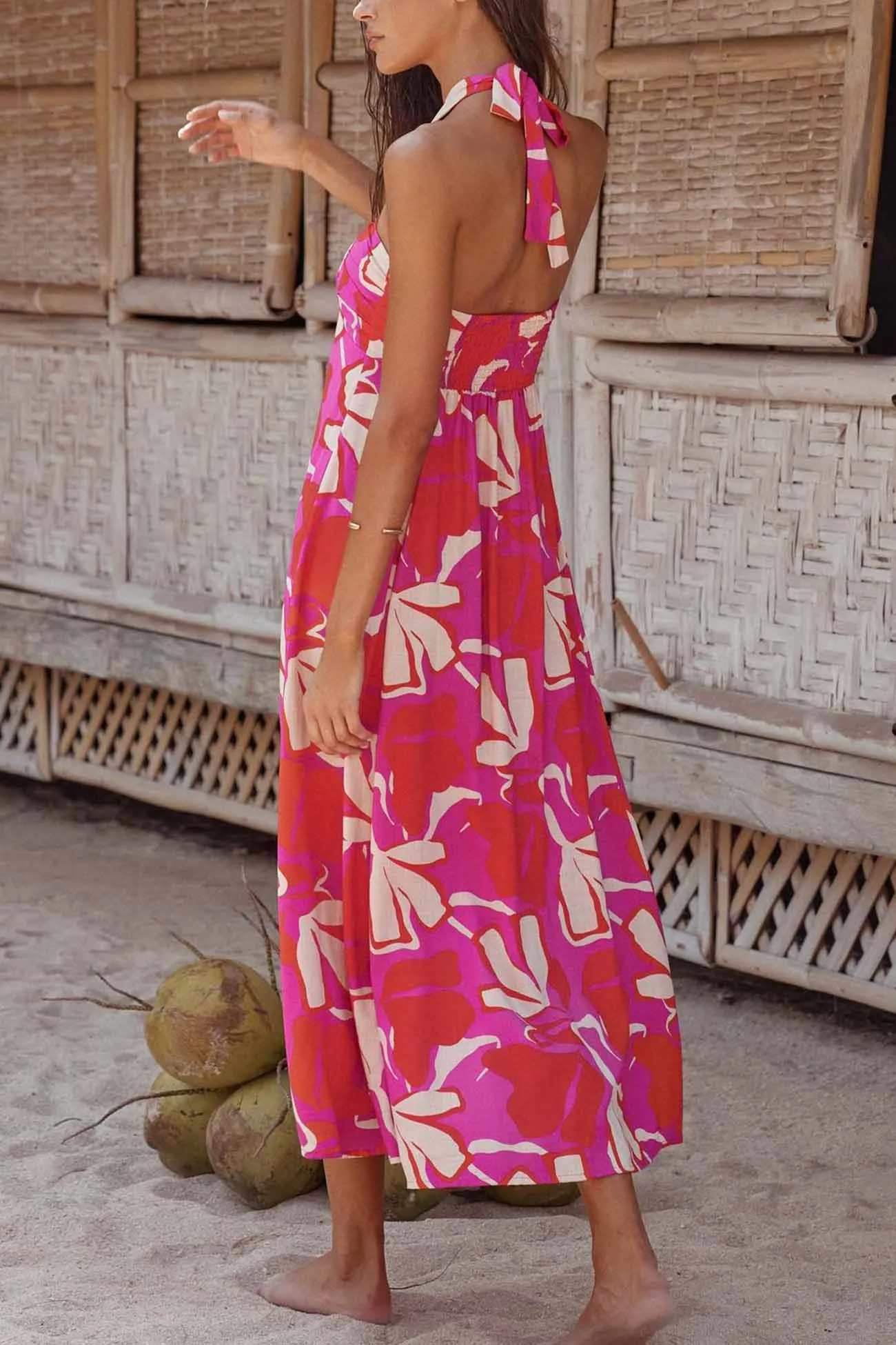 Floral Printed Halterneck Backless A-Line Dress
