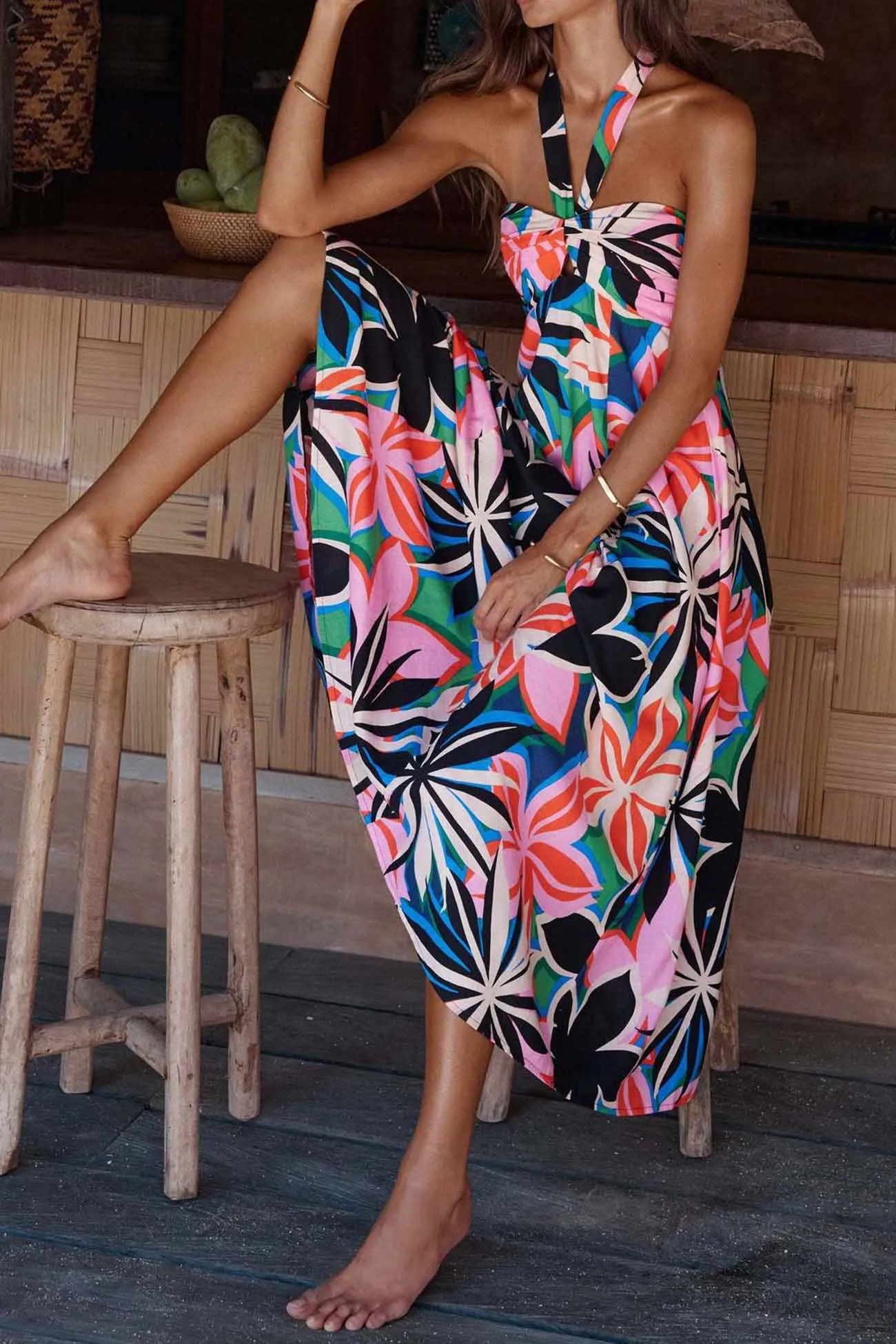 Floral Printed Halterneck Backless A-Line Dress
