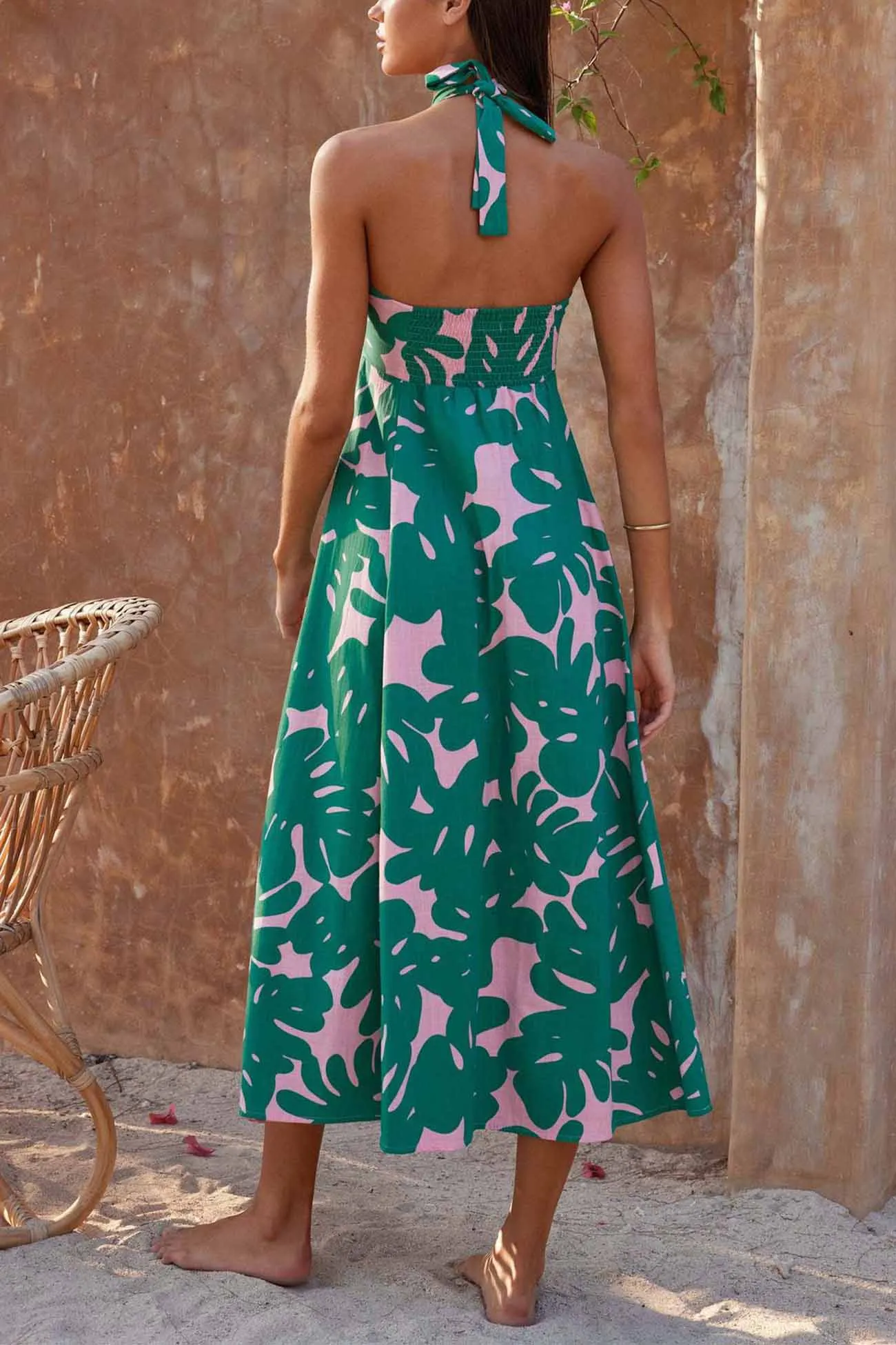 Floral Printed Halterneck Backless A-Line Dress