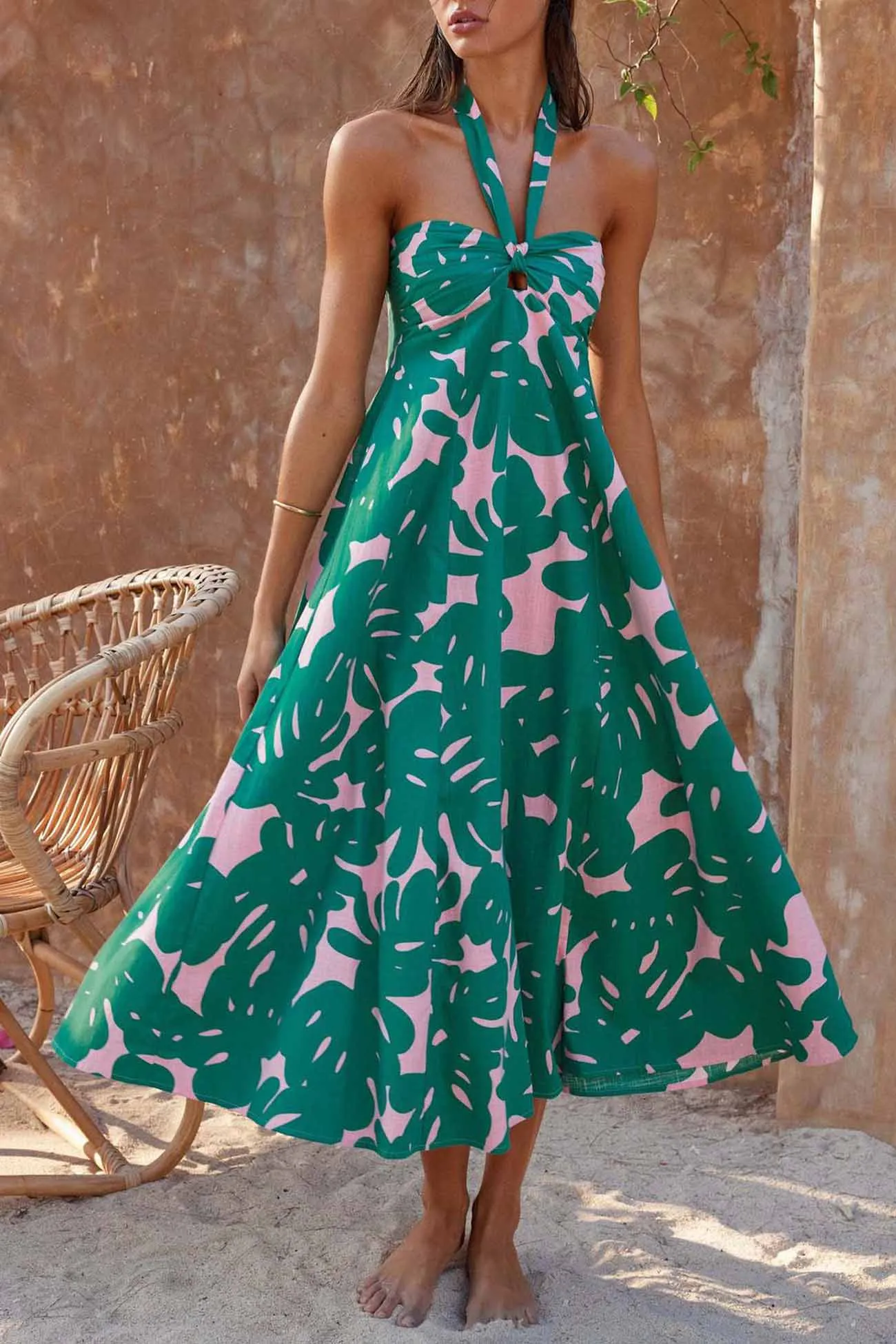 Floral Printed Halterneck Backless A-Line Dress