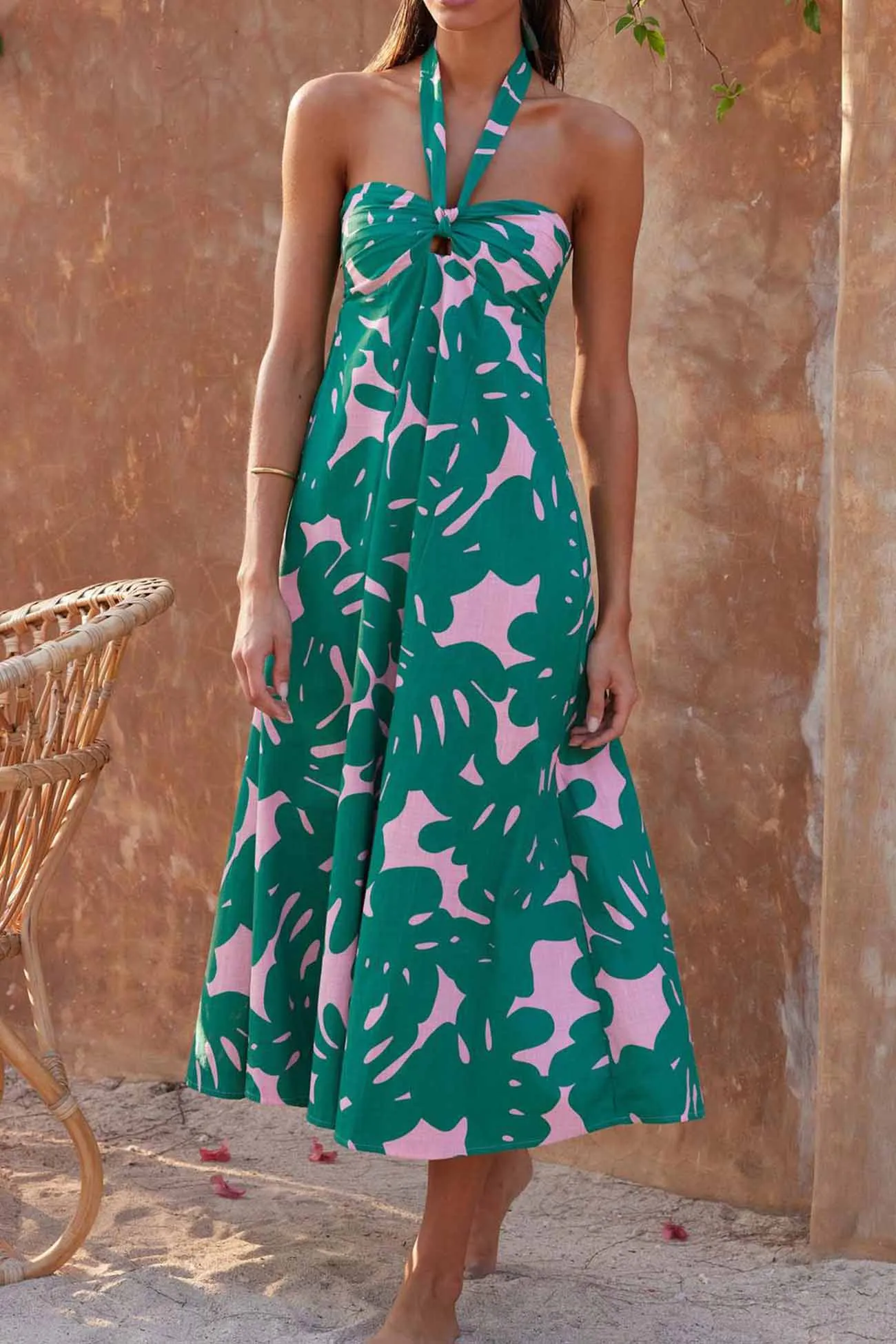Floral Printed Halterneck Backless A-Line Dress
