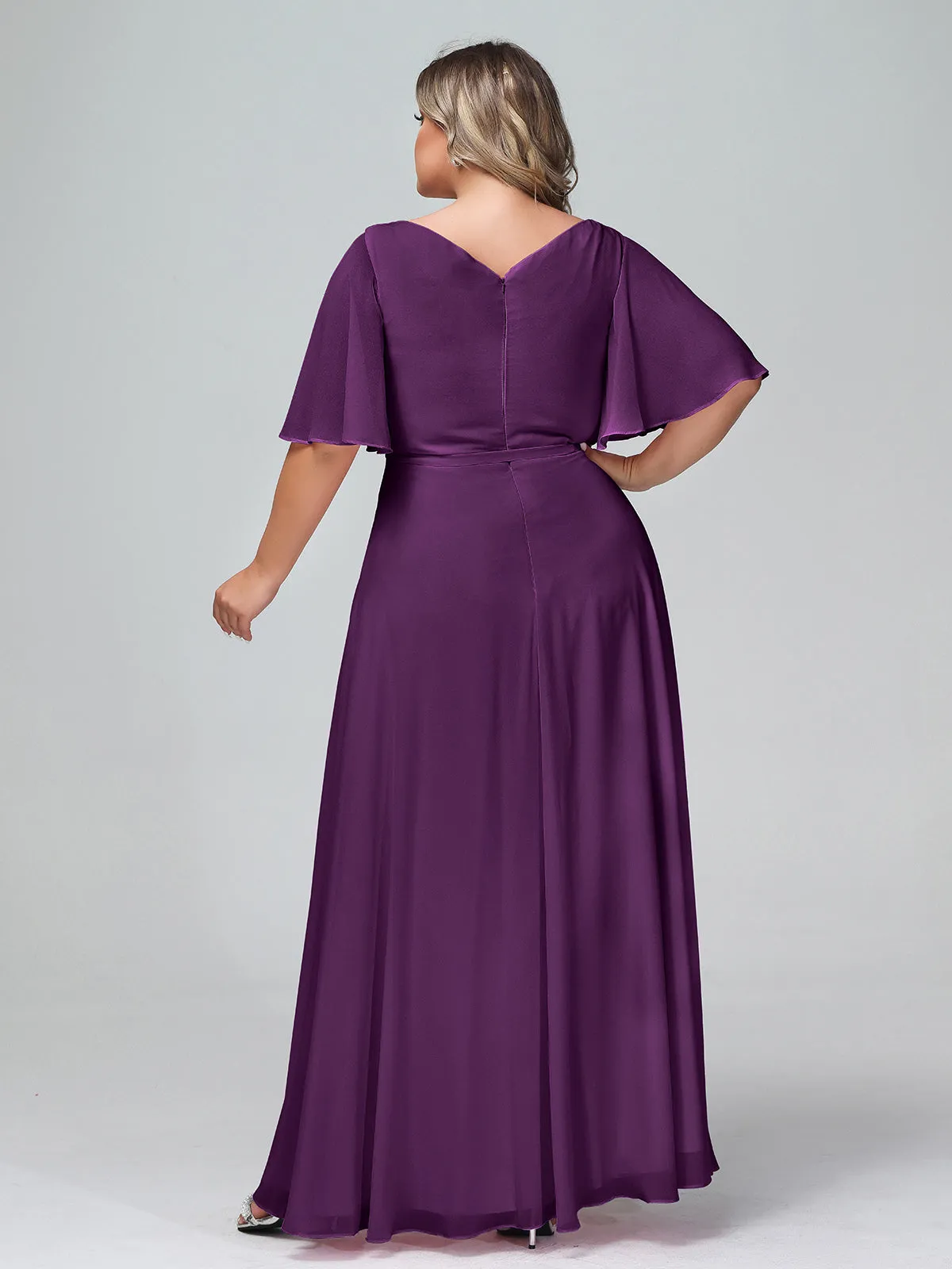 Flutter Sleeves Chiffon Max Dresses with Sash Bow-Grape Plus Size