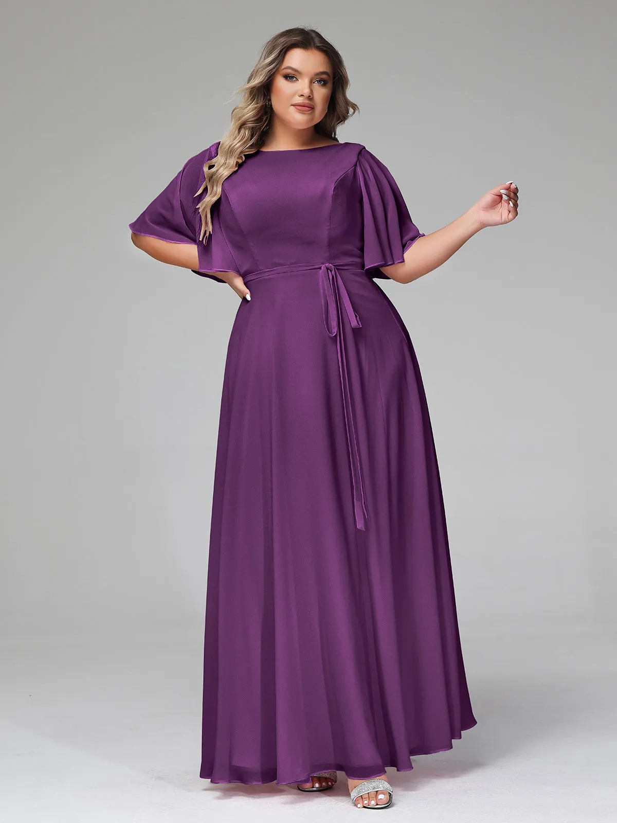 Flutter Sleeves Chiffon Max Dresses with Sash Bow-Grape Plus Size