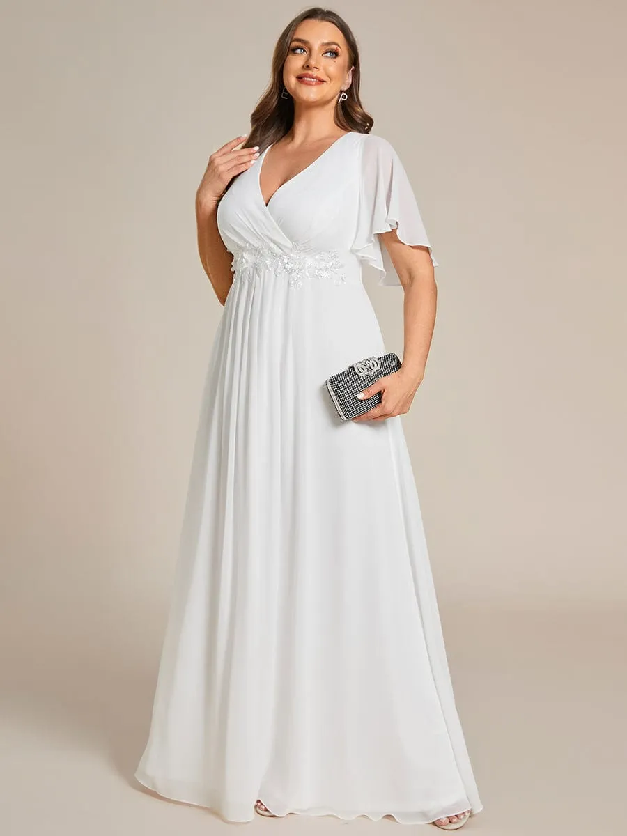 Gentle Iris | Plus Size Floral Applique Short Sleeve A-Line Chiffon Formal Evening Dress