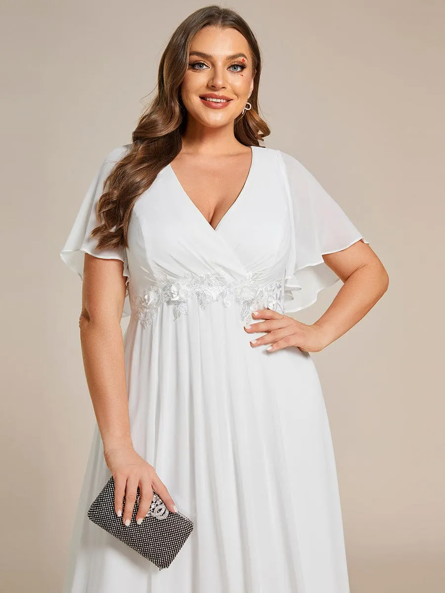 Gentle Iris | Plus Size Floral Applique Short Sleeve A-Line Chiffon Formal Evening Dress