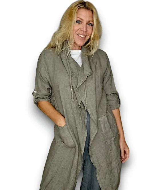 LONG DRAWSTRING LINEN JACKET MOCHA