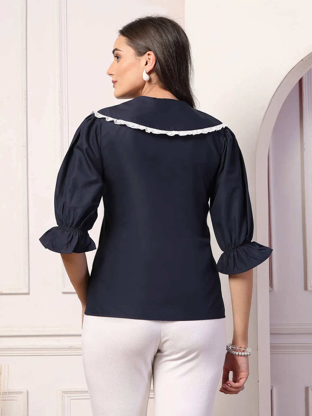 Style Quotient Women Navy Blue Victorian Shirt Style Top