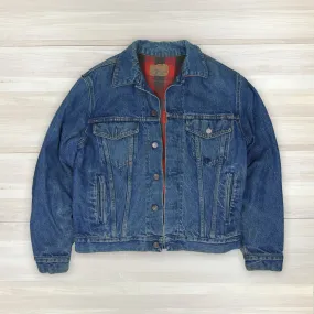 Vintage Sears Plain Pockets Buffalo Plaid Lined Denim Trucker Jacket 44 Regular