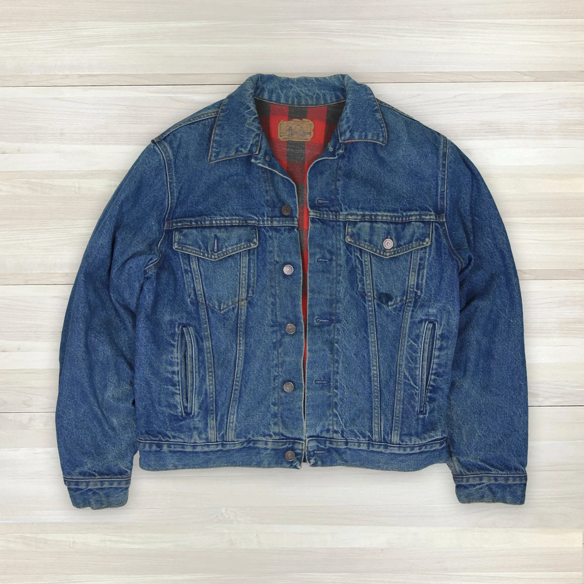 Vintage Sears Plain Pockets Buffalo Plaid Lined Denim Trucker Jacket 44 Regular